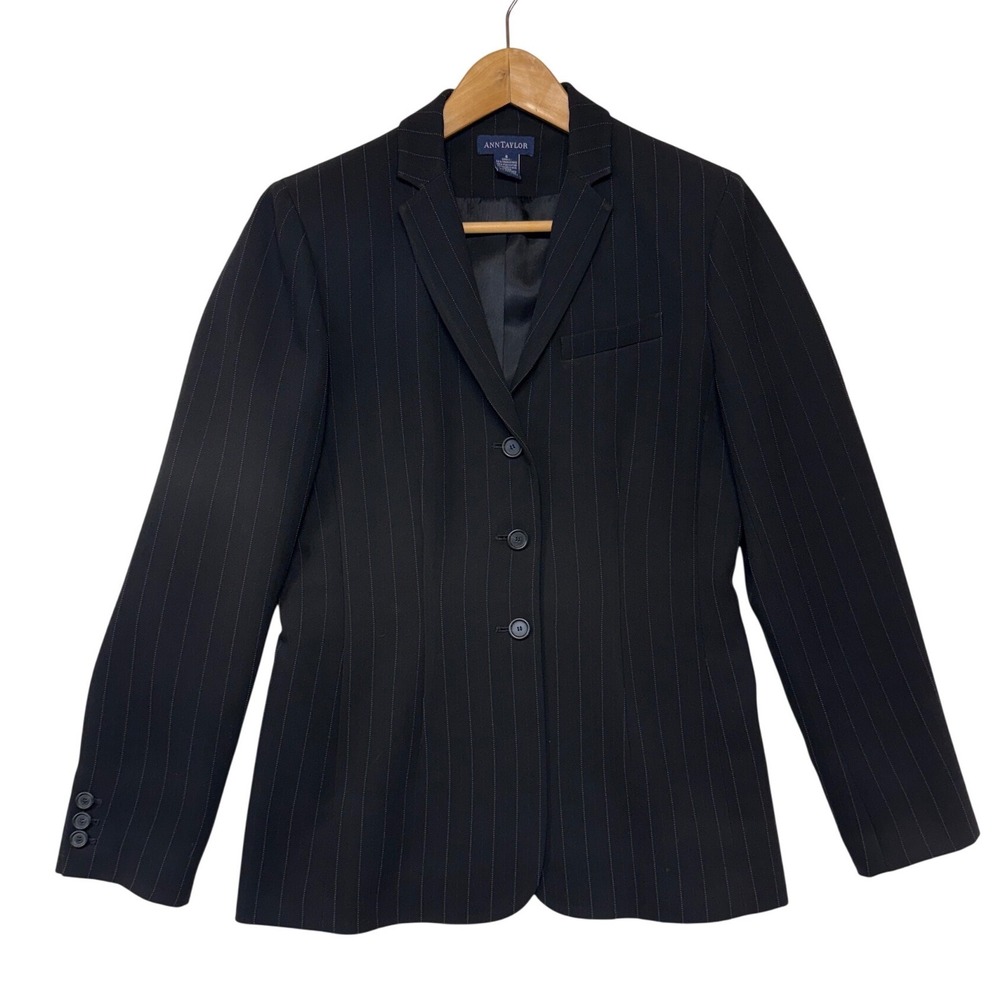 Ann Taylor Womens Black Pinstripe Three Button Blazer Jacket Size 4 Professional
